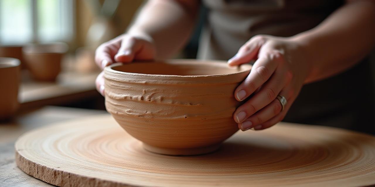 Close up of potter's hands carefully finishing a ceramic vessel