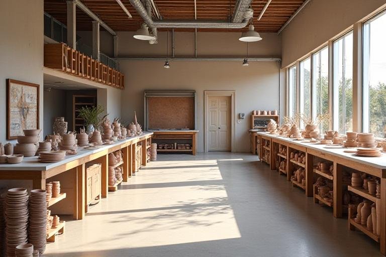 Large organized ceramic studio with multiple kilns