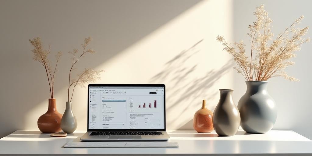 Artisan looking at spreadsheets next to finished pottery pieces