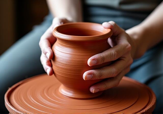 Artisan hands shaping a terracotta clay pot on a wheel