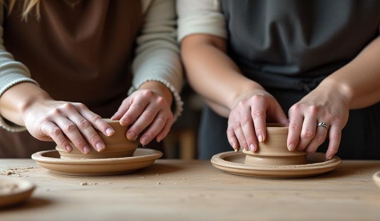Two potters collaborating at a workbench in a bright studio