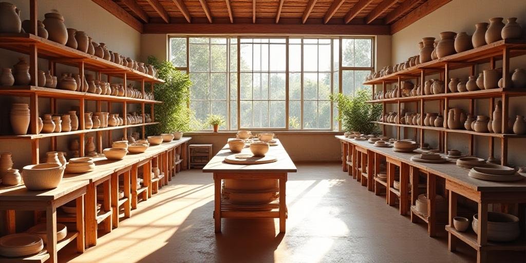 Artisan ceramics studio with multiple wheels and kiln shelves