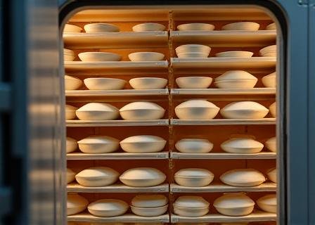 Carefully loaded kiln with uniform ceramic wares