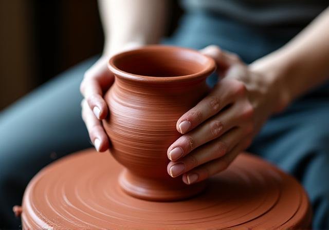 Artisan hands working with precision on a ceramic vessel